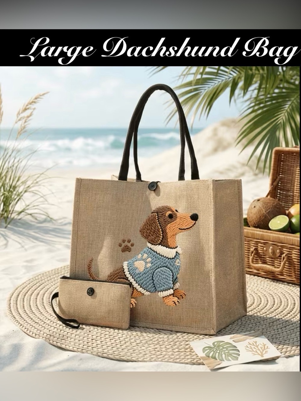 Dachshund Large Size Jute Fabric Tote Bag with small bag included ~New~